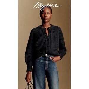 Sézane Emile Alpaca Wool Oversized Beaded Rib Knit Cardigan in Black, Small